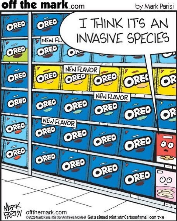 Comic strip by award-winning cartoonist showing Oreo cookie boxes with faces, humorously commenting on new flavors as invasive species.