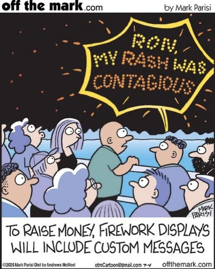 Cartoon by award-winning artist Mark showing people watching a firework with a humorous custom message about a rash.