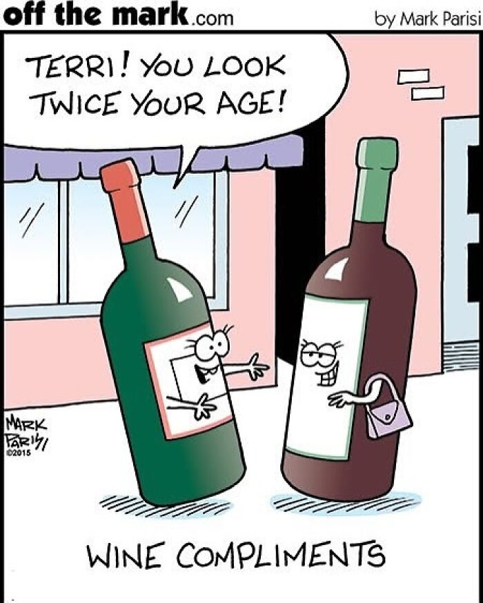 Cartoon by award-winning cartoonist Mark showing two animated wine bottles exchanging funny compliments.