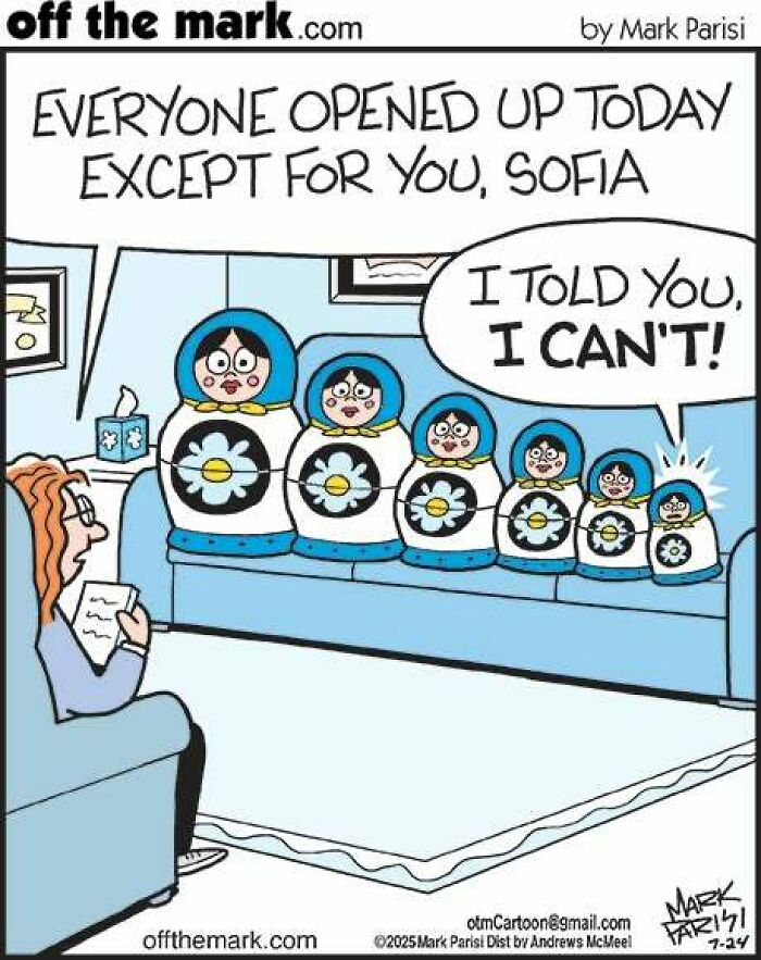 Cartoon showing nested dolls in therapy, reflecting award-winning cartoonist Mark's humorous dog comics style.