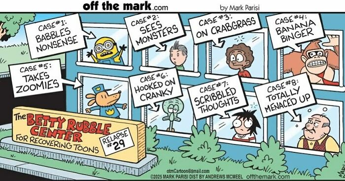 Colorful cartoon by award-winning artist Mark Parisi featuring funny dog comics and quirky characters in a humorous comic strip scene.