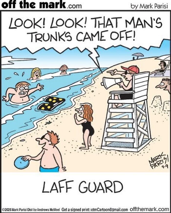 Cartoon by award-winning cartoonist Mark showing a lifeguard laughing at a man losing his trunks in water.