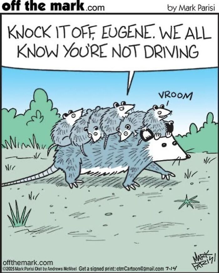 Cartoonist Mark’s humorous dog comics show a group of rats riding a larger rat with a funny caption.