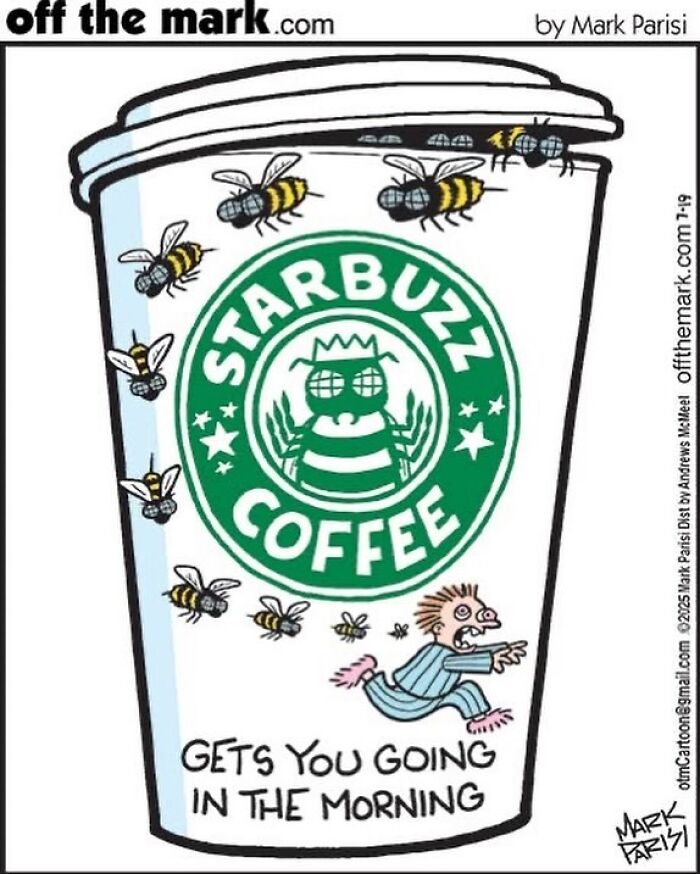 Cartoon coffee cup labeled Starbuzz Coffee with bees and a person running, illustrating humor by award-winning cartoonist Mark.