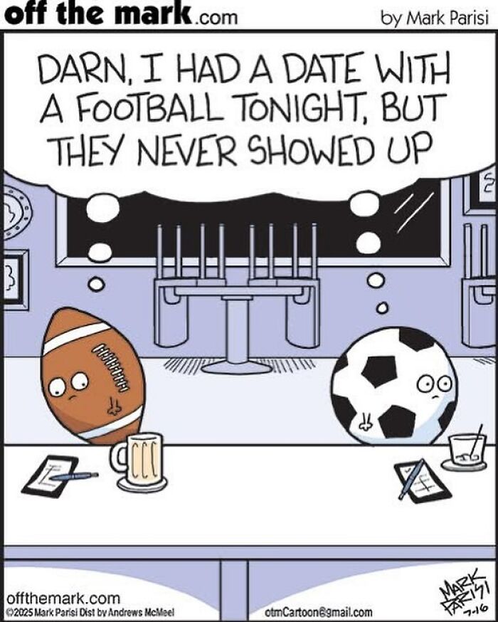 Cartoon by award-winning artist Mark showing a humorous dog comic with personified football and soccer balls at a bar.
