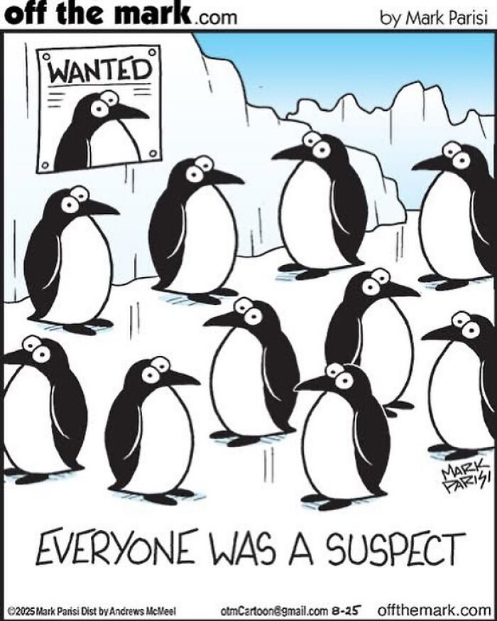 Cartoon penguins with a wanted poster, highlighting humor from award-winning dog comics by cartoonist Mark Parisi.