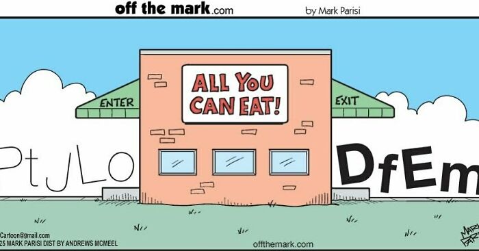 Cartoonist Mark Parisi’s hilarious dog comics depict a humorous buffet with all you can eat signs and funny details.