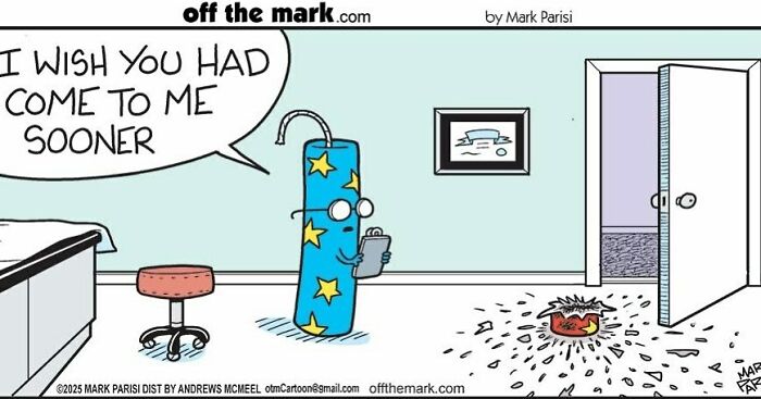 Cartoonist Mark Parisi’s humorous dog comic features a talking firecracker regretful in a vet’s office scene.