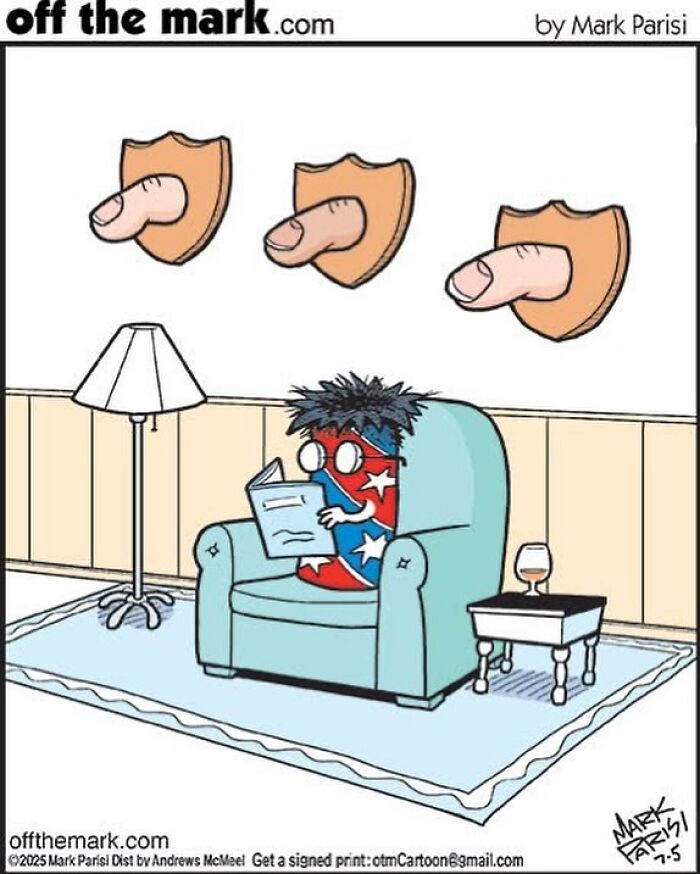 Cartoon by award-winning cartoonist Mark showing a humorous scene with a character in a chair and finger trophies.