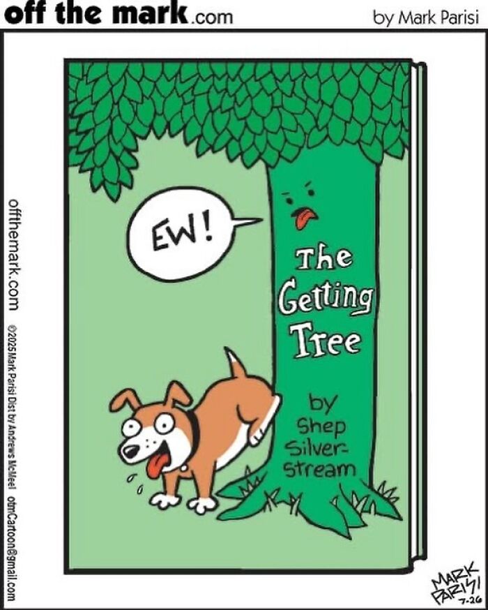Cartoon by award-winning artist Mark featuring a dog reacting humorously to a tree in his hilarious dog comics.
