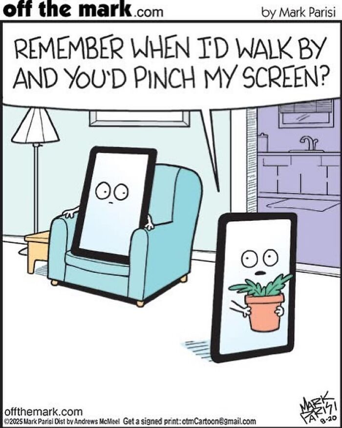 Cartoon by award-winning cartoonist Mark showing humorous dog comics with animated device characters in a living room setting.