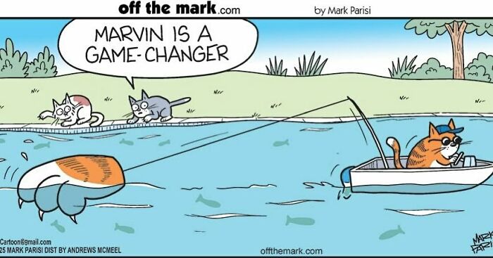 Cartoon by award-winning cartoonist showing a humorous dog comic with cats and a dog by a river.