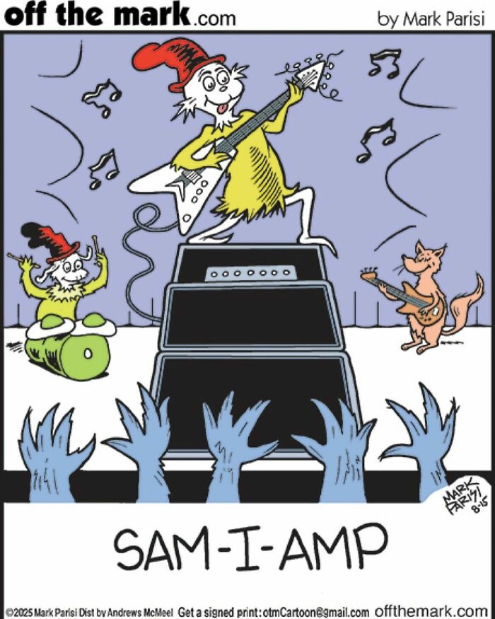 Cartoonist Mark Parisi's hilarious dog comics featuring a band performance with animals and rock music vibes.