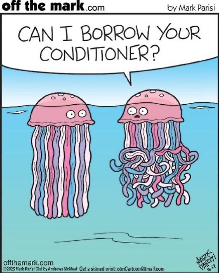 Two cartoon jellyfish underwater with one asking to borrow the other's conditioner in a humorous dog comics style.