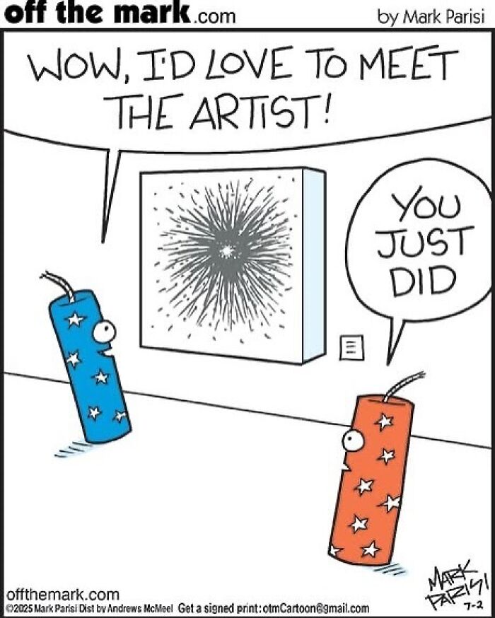 Cartoon by award-winning artist Mark Parisi featuring humorous fireworks characters in a witty comic strip.
