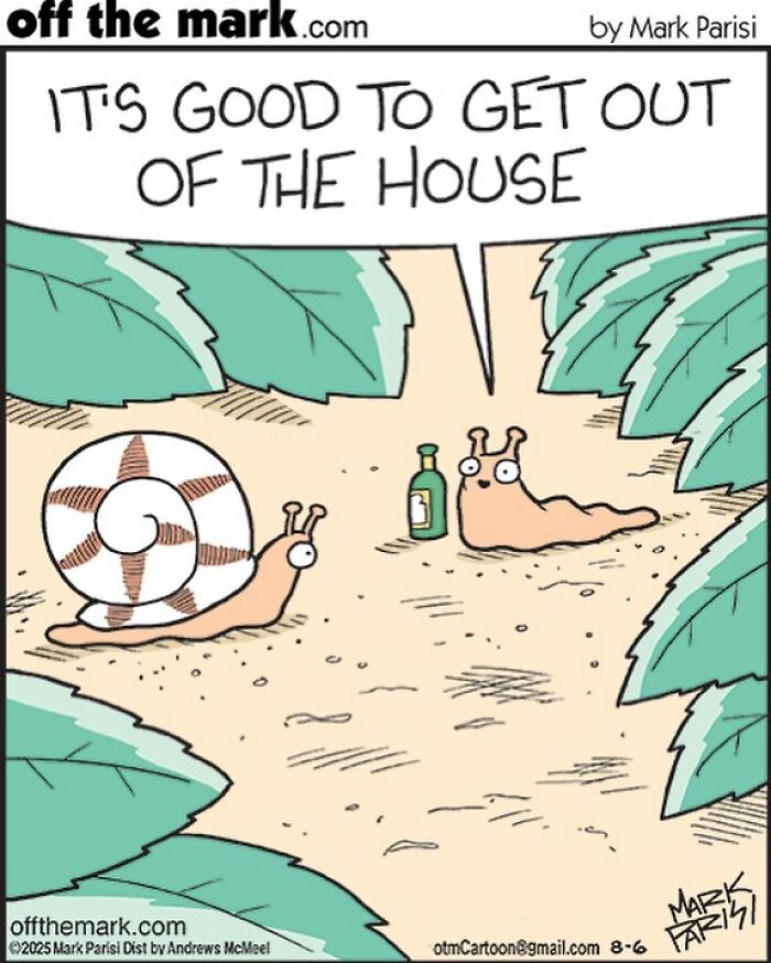 Cartoon by award-winning cartoonist Mark showing two humorous slugs, one with a snail shell, enjoying the outdoors.