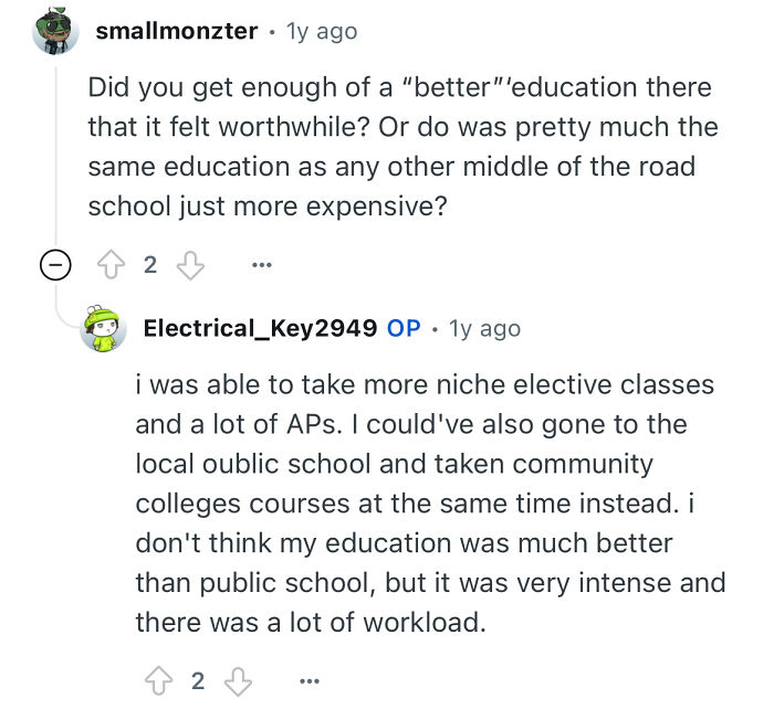 Person studied in a prestigious private school explaining education quality and workload compared to public schools in an online discussion.