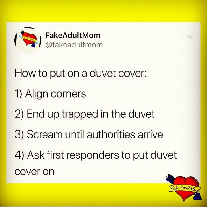 Parenting meme about the struggles of putting on a duvet cover with humorous step-by-step instructions.