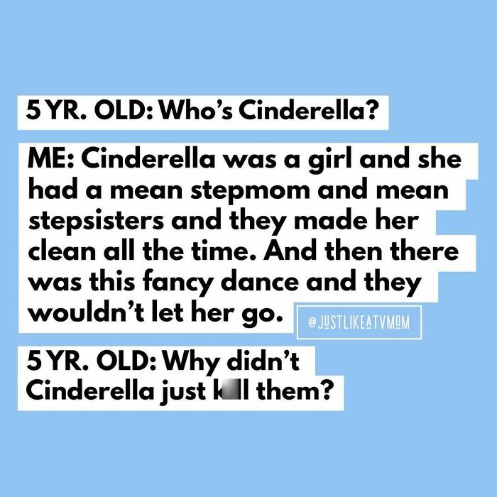 Parenting meme showing a humorous conversation between a parent and 5-year-old about Cinderella's story.