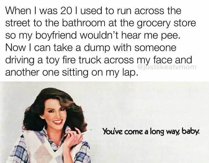 Parenting meme about the realities of motherhood with a woman smiling and text about kids and bathroom privacy.