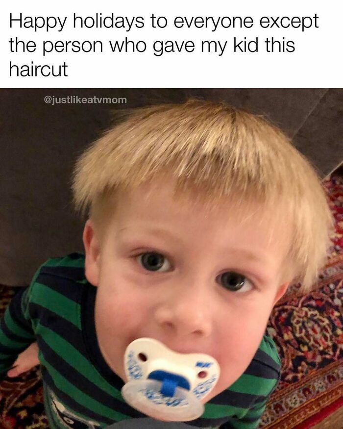 Toddler with a funny uneven haircut and pacifier, illustrating hilarious parenting memes for back-to-school season.