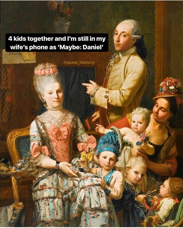 Vintage family portrait with humorous parenting meme about being listed as 'Maybe: Daniel' in wife's phone, highlighting parenting humor.