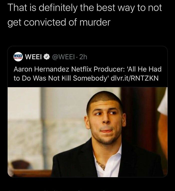 Meme showing a man in a suit with a caption about the best way to avoid getting convicted of m****r, true crime humor.