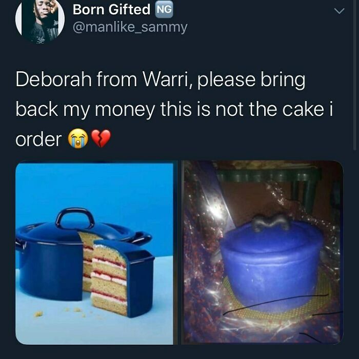 Comparison of what was ordered versus what was received showing a pot-shaped cake fail with disappointing results.