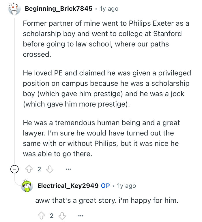 Reddit user shares story about a person studied in a prestigious private school and their life achievements.