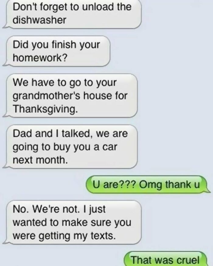 Funny text message conversation where a prank about buying a car turns into a joke, showing humorous texts that might make you laugh.
