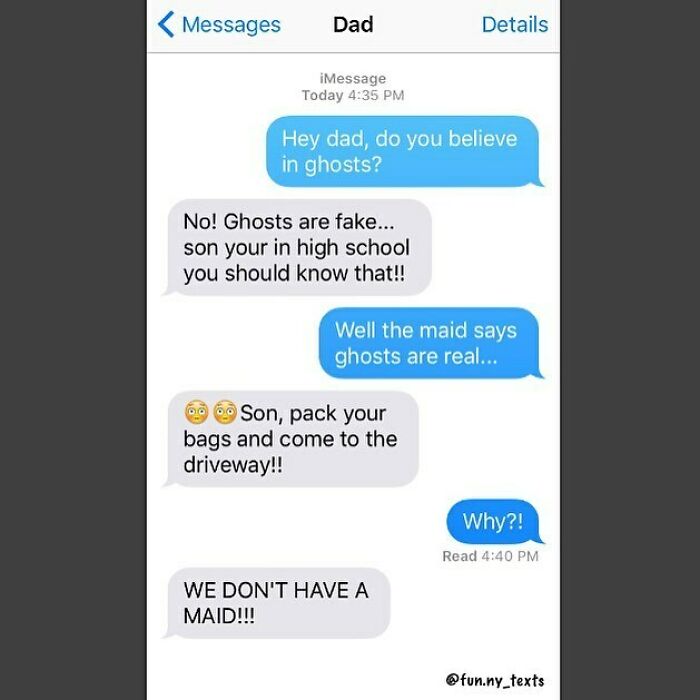 Text message exchange between a dad and son discussing ghosts with a humorous twist, part of funny texts that might make you laugh.