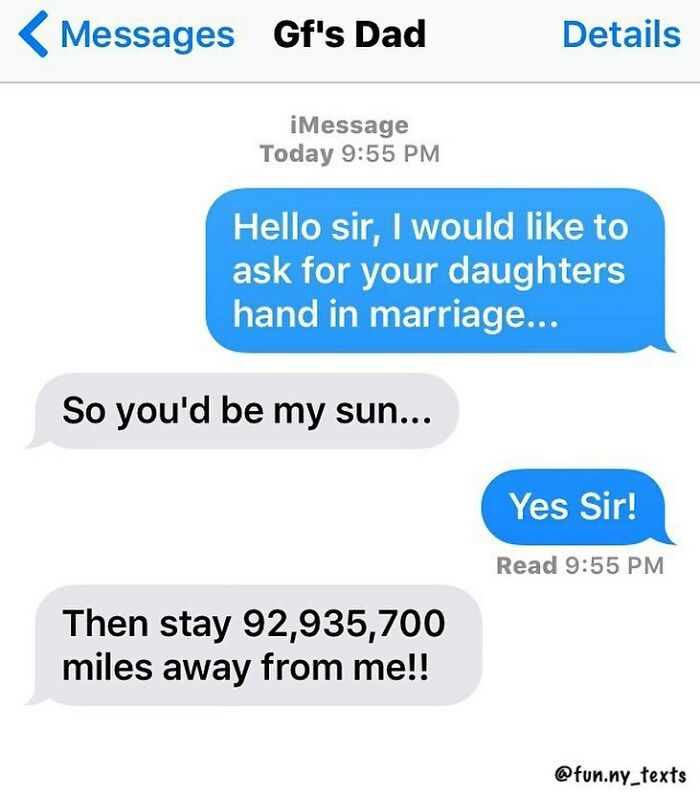 Text message conversation with girlfriend's dad humorously rejecting a marriage proposal, funny texts that might make you laugh.