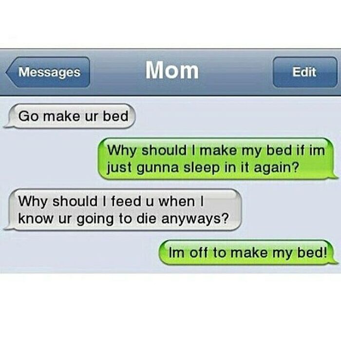 Text conversation between mom and child showing humorous exchange about making the bed, highlighting funny texts.