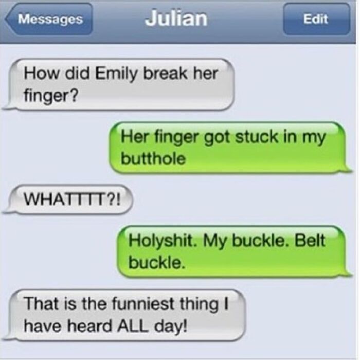 Text message exchange joking about a finger getting stuck, featuring humorous misunderstanding in funny texts that might make you laugh.