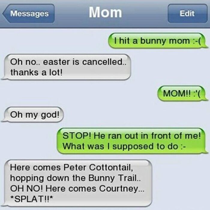 Text conversation between mom and child about hitting a bunny, a funny message from the 126 texts that might make you laugh.