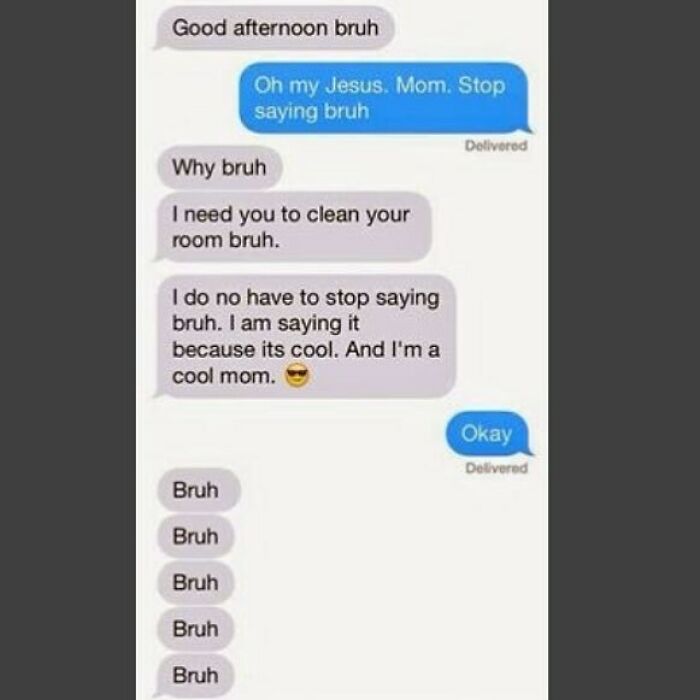 Text message conversation showing funny repeated use of the word bruh, highlighting humorous texts that might make you laugh.