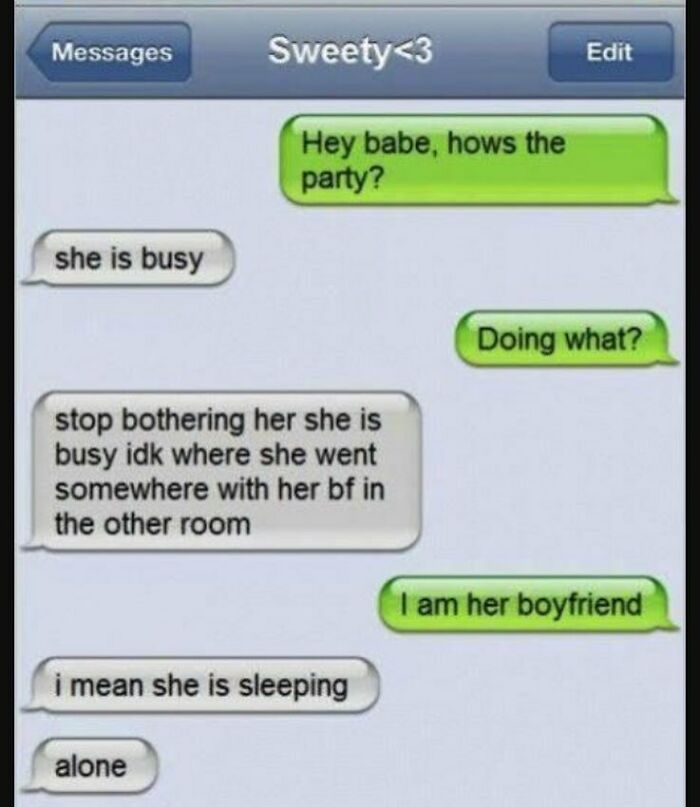 Text message exchange showing a funny misunderstanding about who's busy, featuring humorous texts that might make you laugh.