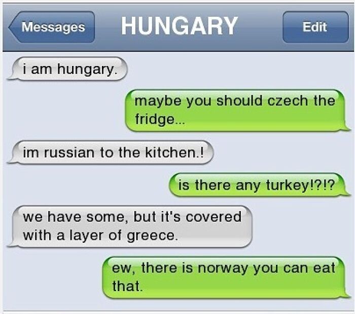 Text message conversation with puns on country names, showcasing a funny and clever exchange to make you laugh.