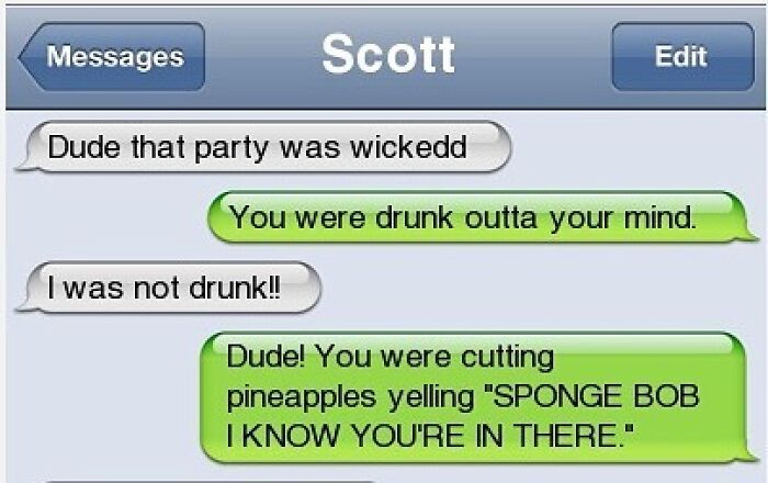 Humorous text message exchange about a wild party and funny behavior, ideal for laughs and entertaining texts.
