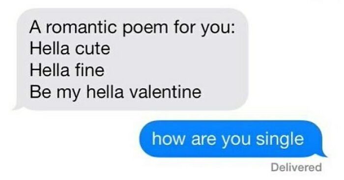 Text message exchange with a funny romantic poem followed by a humorous response about being single.