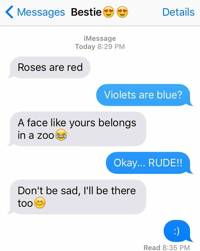 Text message conversation jokingly exchanging funny insults between best friends with laughing emojis included.