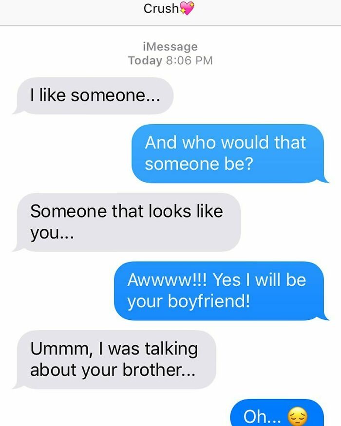 Funny text message exchange where one person confesses a crush, creating a humorous misunderstanding in texts.