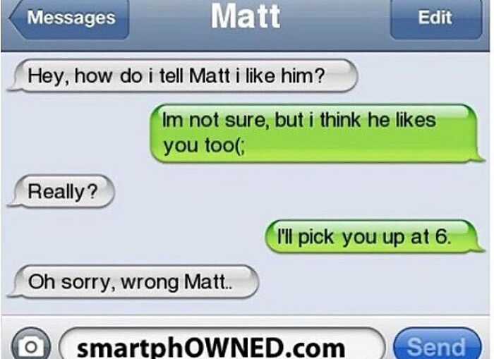 A humorous text conversation where someone accidentally confesses feelings to the wrong Matt in funny texts.