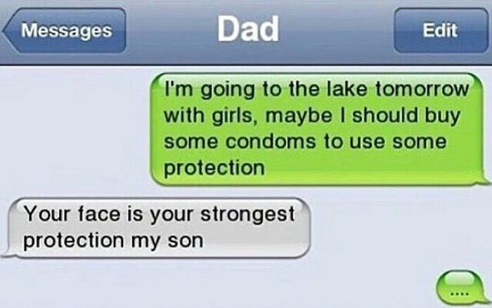 Text message exchange with dad about protection, featuring a humorous reply about face being the strongest protection.