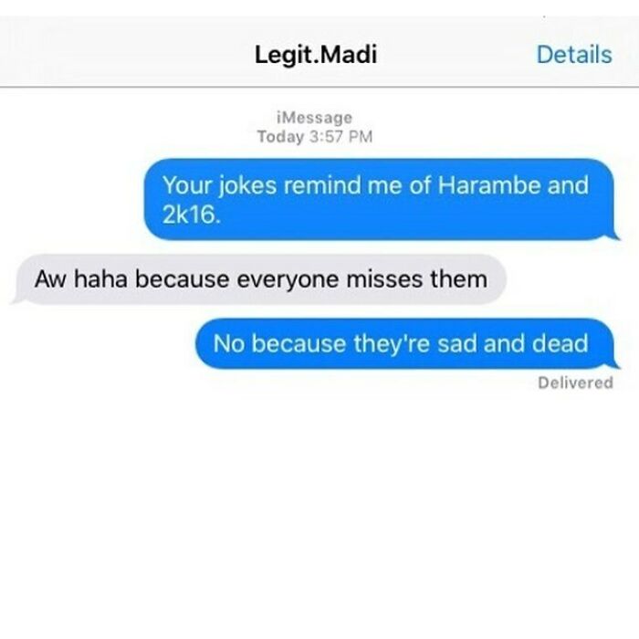 Text message exchange with jokes referencing Harambe and 2k16, part of funny texts that might make you laugh.
