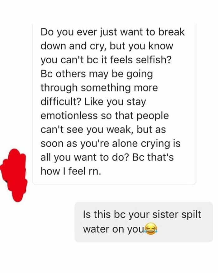 Text conversation showing emotional vulnerability followed by a funny reply, part of 126 texts that might make you laugh.