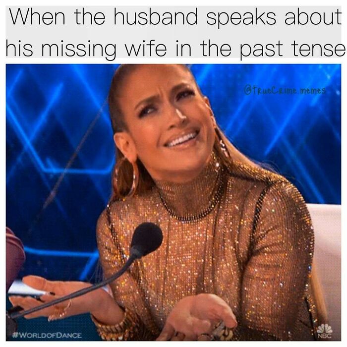 Woman in sparkly outfit shrugging and smiling confusedly, illustrating humor in true crime meme culture.