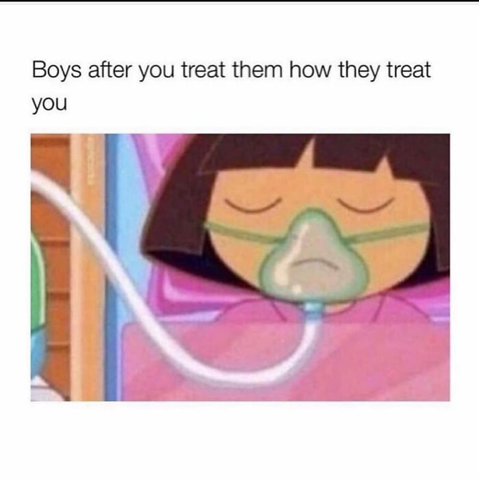 Cartoon character wearing an oxygen mask with caption about boys in funny dating memes relating to love life.