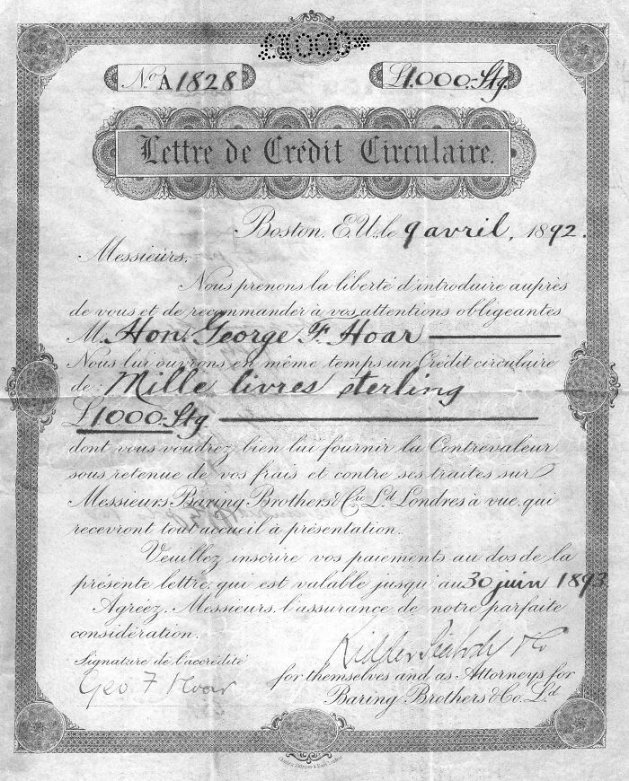 Vintage letter of credit from 1892, an example related to famous fraud cases and financial document forgery.