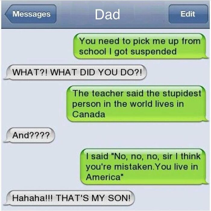 Text conversation between dad and child with humorous texts meant to make you laugh about school suspension and a joke.